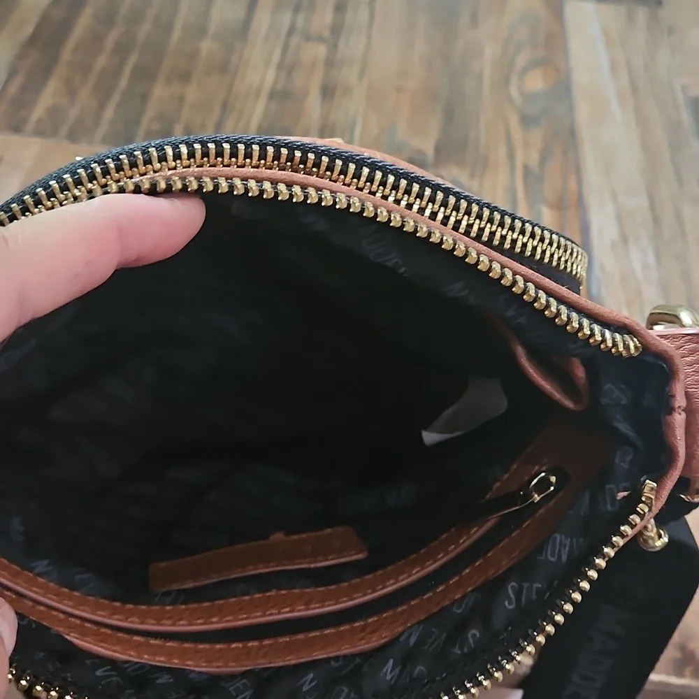 Steve Madden Women's Brown And Black Vegan Leather Crossbody Bag W/ Gold Accents